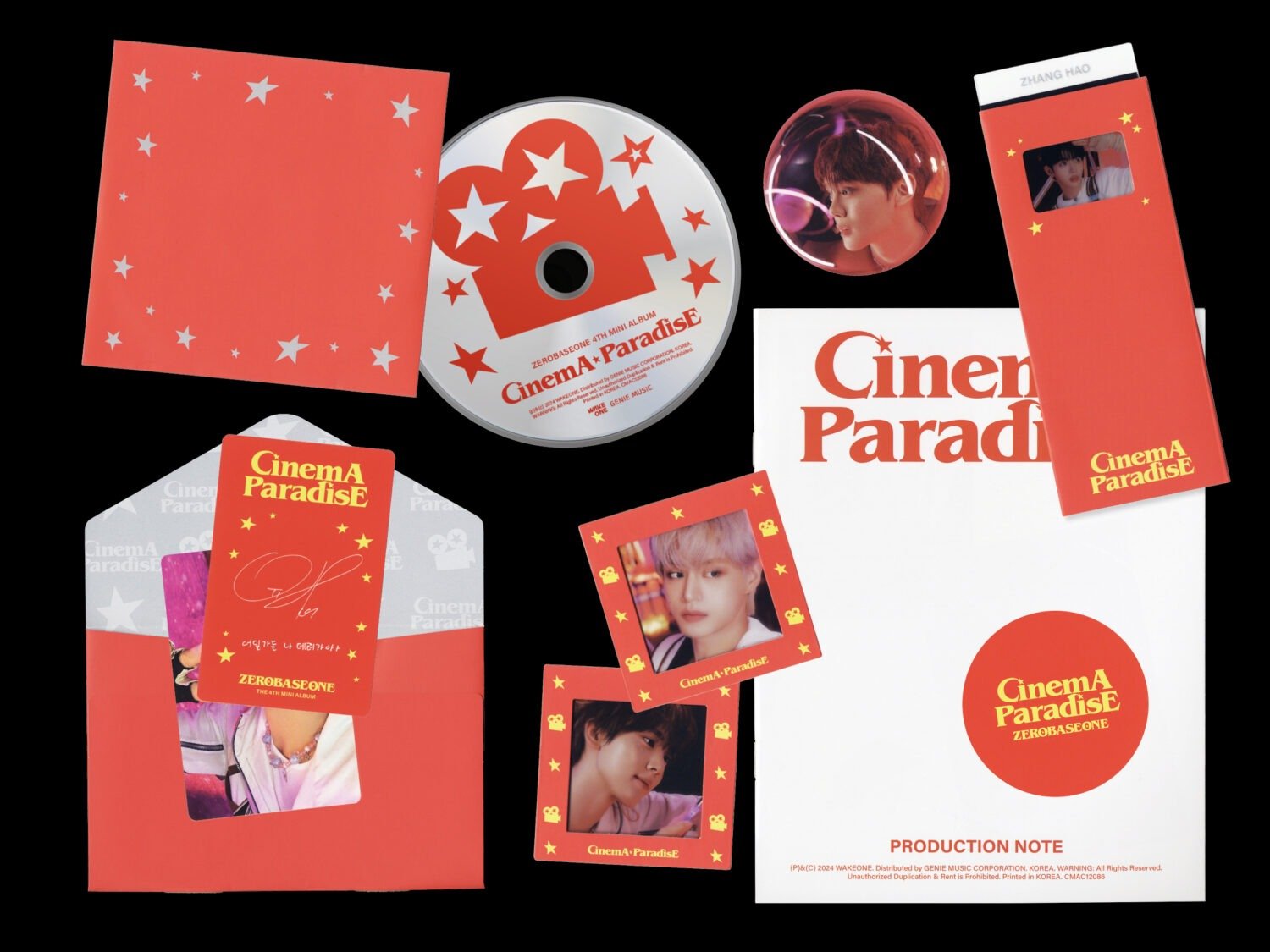 Design da identidade visual do miniálbum 〈Cinema Paradise〉, do ZEROBASEONE. ⓒ 2024 WAKEONE. Distribuído pela GENIE MUSIC CORPORATION. COREIA. Todos os direitos reservados.