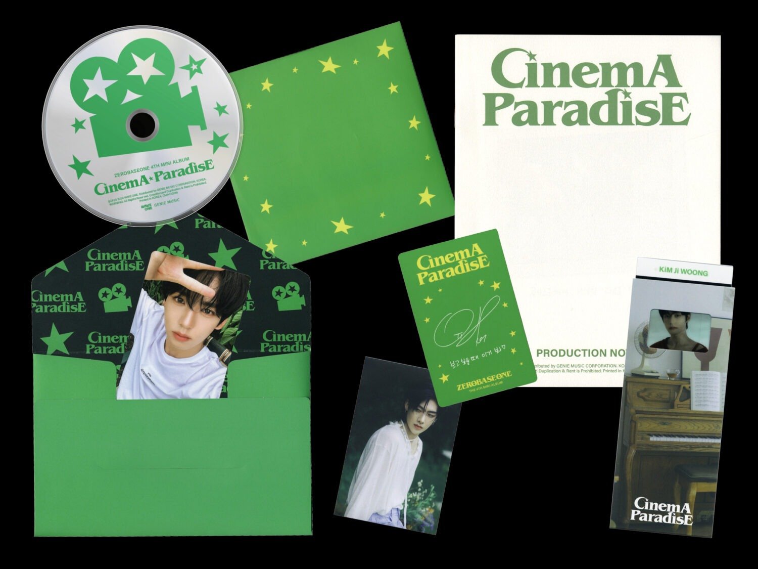 Design da identidade visual do miniálbum 〈Cinema Paradise〉, do ZEROBASEONE. ⓒ 2024 WAKEONE. Distribuído pela GENIE MUSIC CORPORATION. COREIA. Todos os direitos reservados.